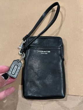 Coach Black Leather Wristlet with Silver Hardware